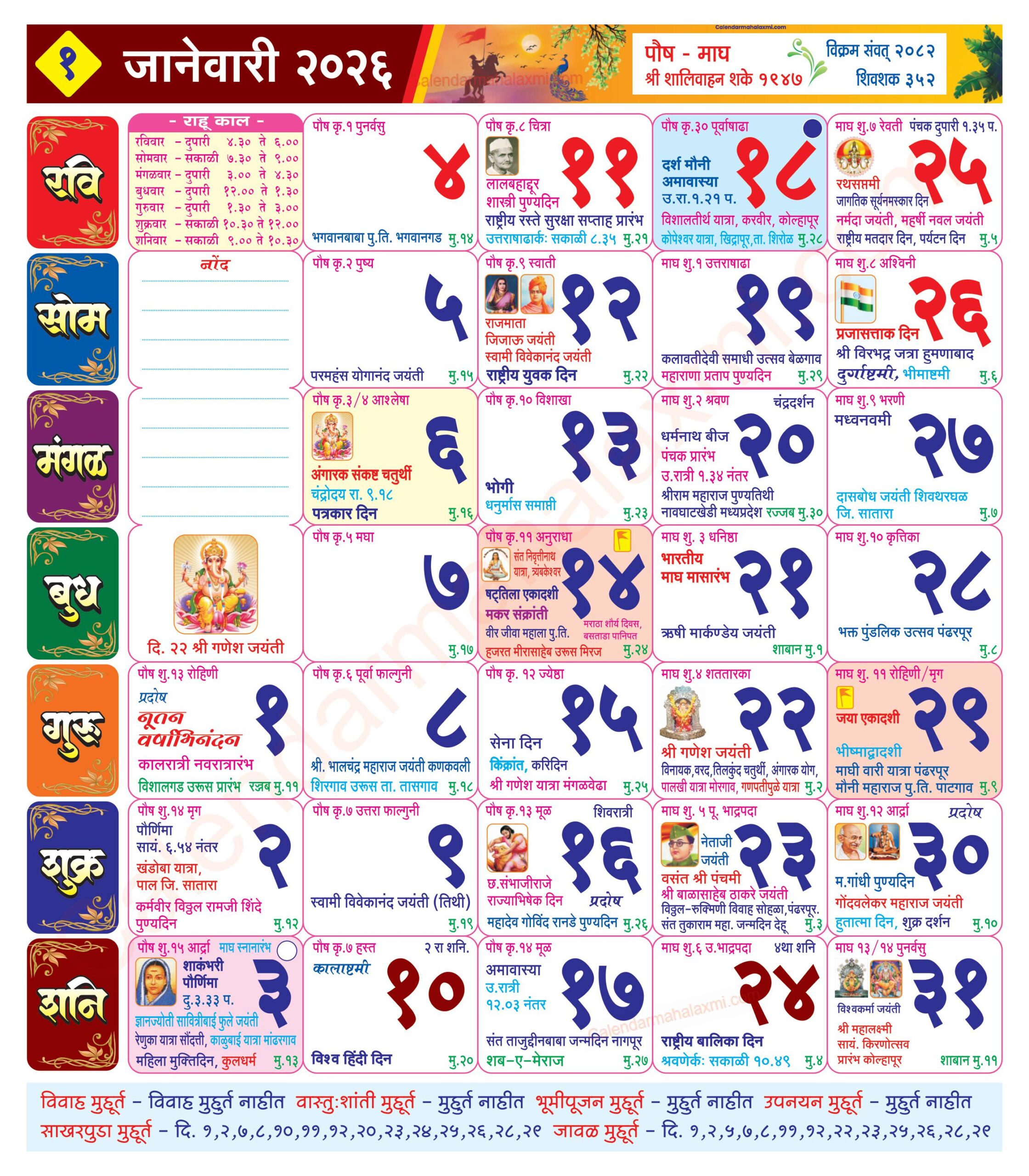MAHALAXMI CALENDAR 2026 JANUARY visual data 6